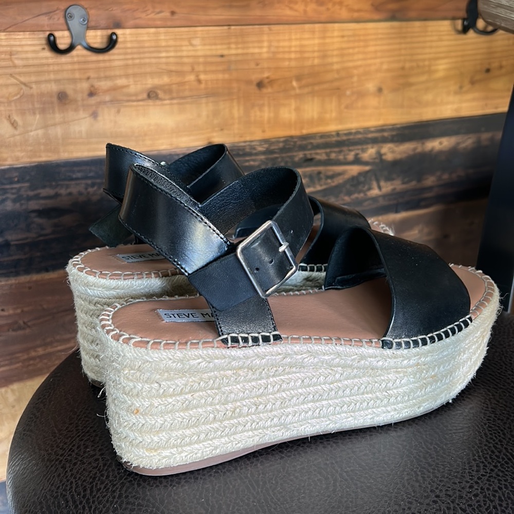 Steve Madden straw platform espadrille sandals with leather black strap